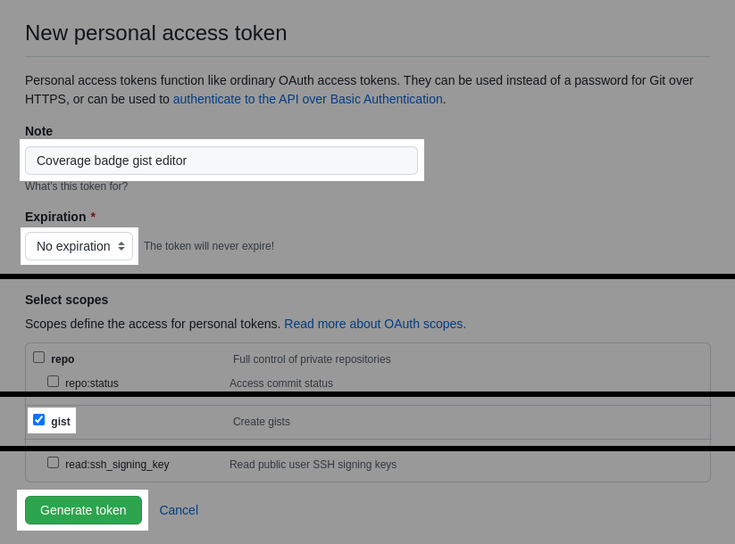 GitHub user create gist token